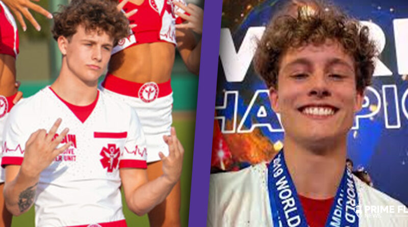 Liam Potolsky performing elite tumbling at a competitive cheerleading championship, 4x world champion and NFINITY Hall of Fame athlete.