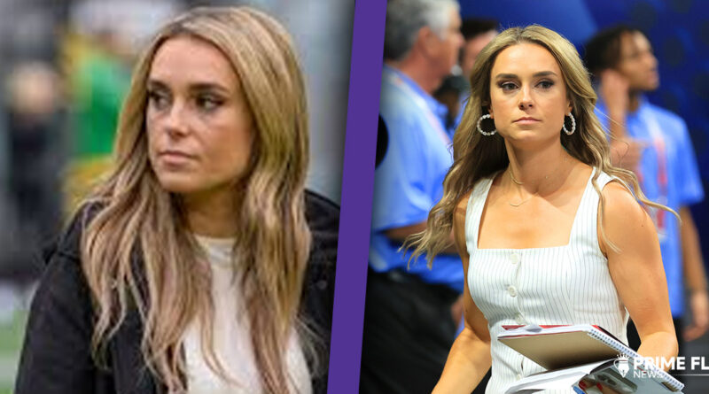 Molly McGrath, ESPN college football sideline reporter, covering a live game during an ABC Saturday broadcast.