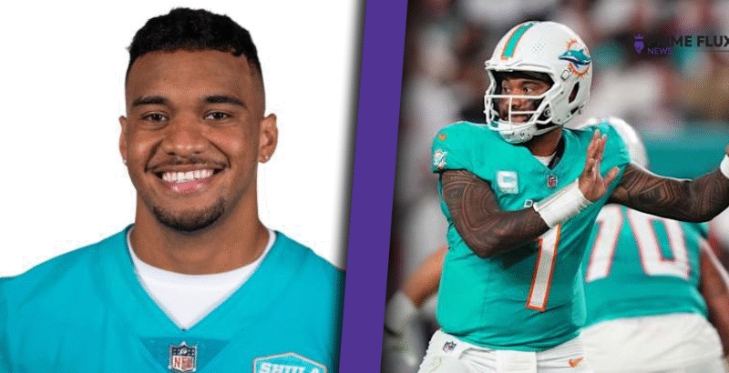 Tua Tagovailoa playing quarterback for the Miami Dolphins during an NFL game, highlighting why is tua tagovailoa trending among football fans.